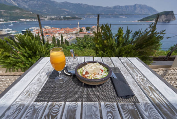 istock Breakfast on the table in a restaurant with sea view 1424387799