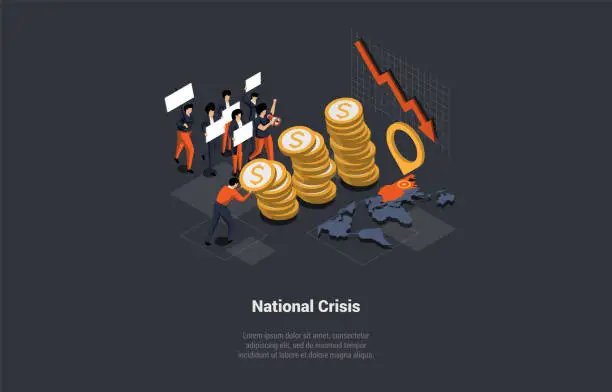 Vector illustration of Global World Crisis Concept. Aggressive People Strike Against Price Increases. Economic Decline, Downfall, Inflation, Devaluation, Stock market Crash, And Bankruptcy. Isometric 3d Vector Illustration