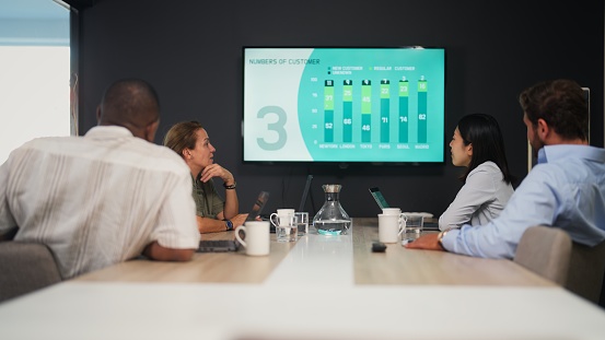 Group of business people are having a business meeting in a meeting room in a modern office working space.