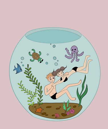 cute illustration, a couple in love swims in an aquarium holding hands, a sea turtle, a jellyfish and a fish swim near them, aquarium on a pink background