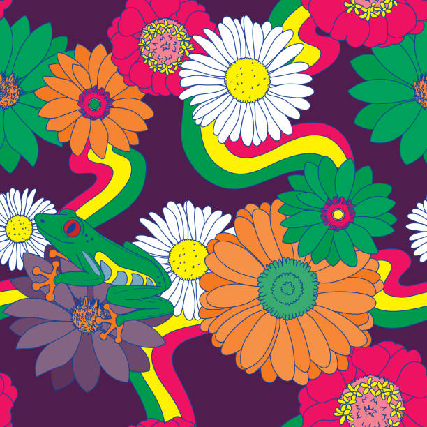 Groovy Retro 1960s 70s Seamless Floral Pattern or Background with Frog vector art illustration
