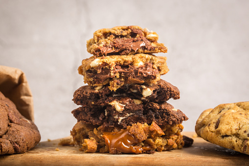 stuffed cookies with melted chocolate and caramel, selective focus