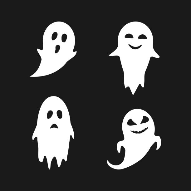 ilustraciones, imágenes clip art, dibujos animados e iconos de stock de conjunto de ilustraciones planas de fantasmas blancos - fantasma