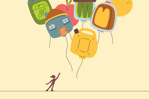 Woman reaches for inflated balloon groceries, gas, housing and essentials during economic inflation, conceptual illustration.