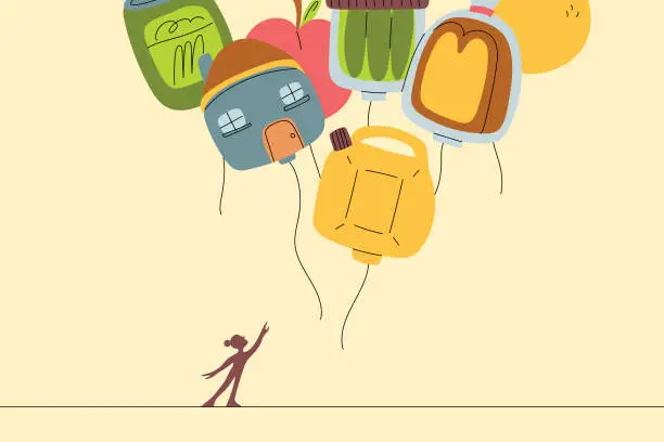 Vector illustration of Woman Reaches for Inflated Balloon Groceries and Essentials During Economic Inflation