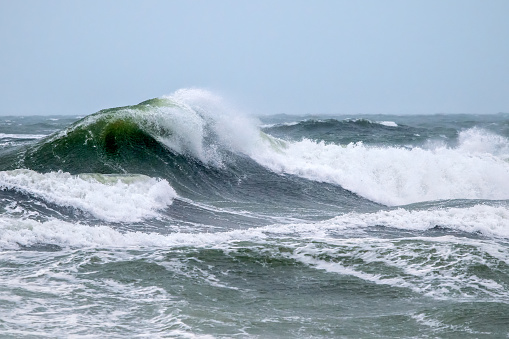 A swell about to break during a late winter Nor'Easter.  Salisbury, Massachusetts.
