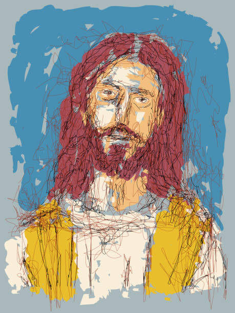 imaginäres gesicht von jesus christus, katholische und orthodoxe christliche religion, vektorskizzenillustration. - bibel grafiken stock-grafiken, -clipart, -cartoons und -symbole