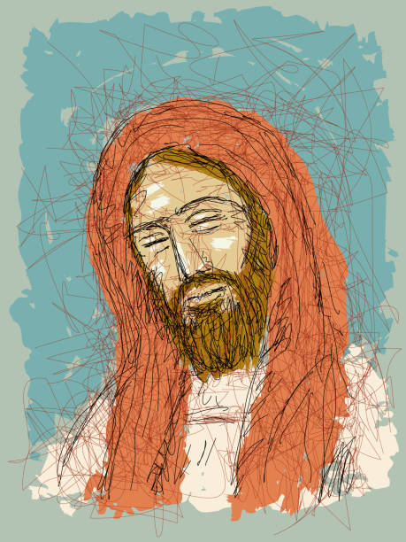 imaginäres gesicht von jesus christus, katholische und orthodoxe christliche religion, vektorskizzenillustration. - wirbelsäule grafiken stock-grafiken, -clipart, -cartoons und -symbole