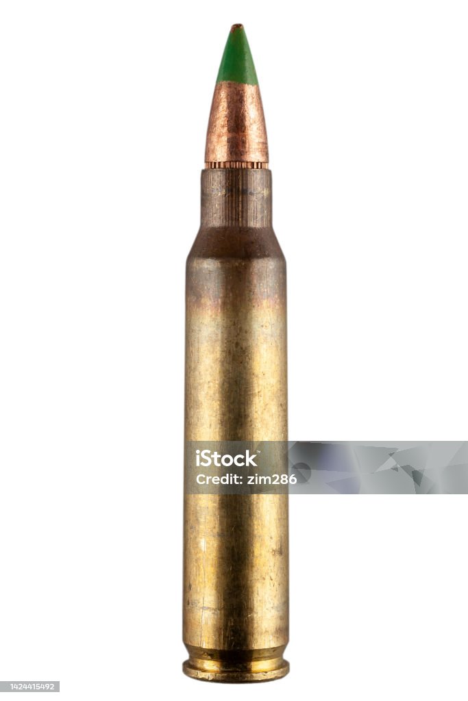 5.56x45mm NATO SS109/M855 cartridges (NATO: SS109; U.S.: M855) with standard 62 gr. lead core bullets with steel penetrator Bullet Stock Photo
