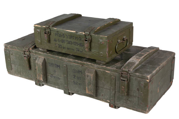 istock Soviet army ammunition stack of green crates. Text in russian - type of ammunition, projectile caliber, projectile type, number of pieces and weight. 1424418568