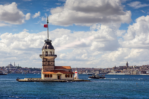 Bosphorus with famous Maiden Tower Kiz Kulesi in Istanbul in sunny day