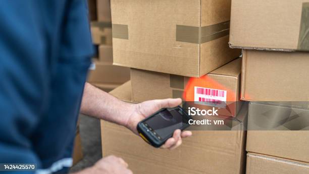 Interpostal Scanning Postal Worker Scanning Order Carboard Boxes Bar Code Close Up Stock ...