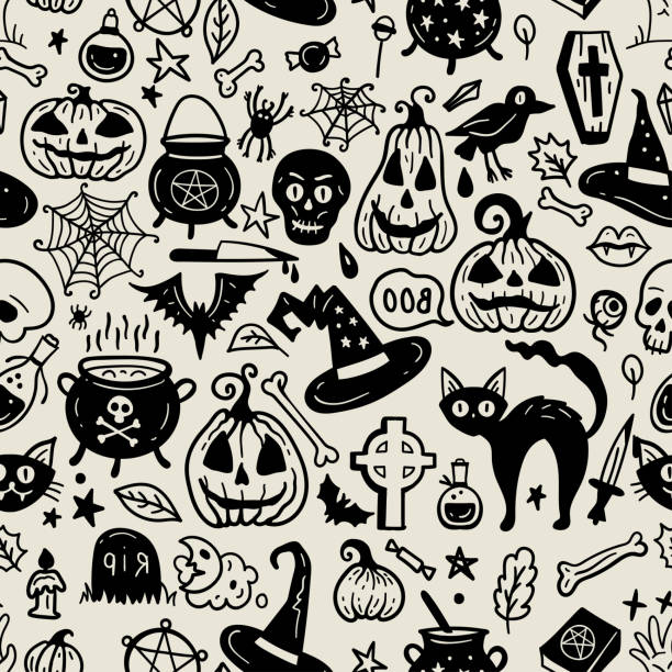 illustrazioni stock, clip art, cartoni animati e icone di tendenza di modello monocromatico senza cuciture di elementi doodle horror di halloween disegnati a mano. - pumpkin autumn pattern repetition