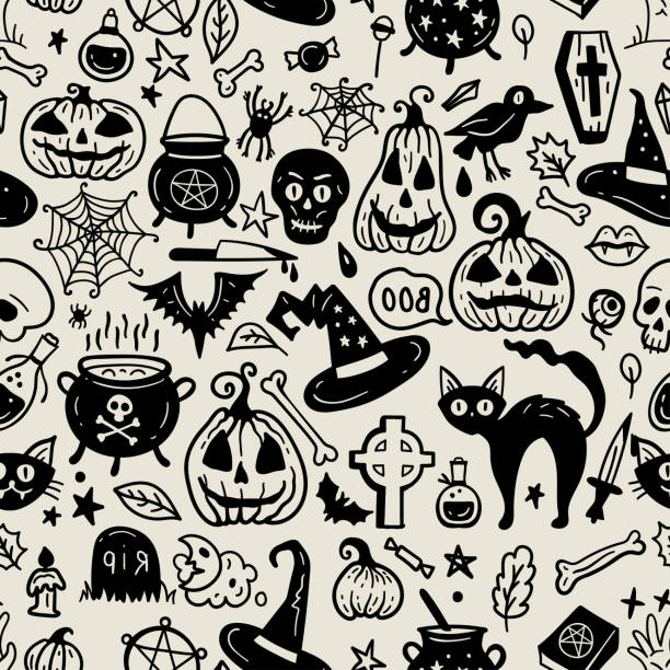 ilustrações de stock, clip art, desenhos animados e ícones de monochrome seamless pattern of horror halloween hand drawn doodle elements. - pumpkin autumn pattern repetition