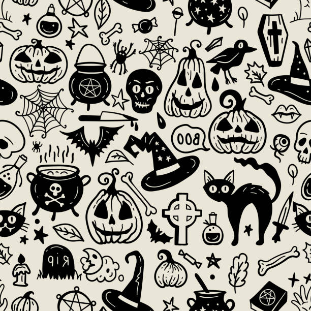 Monochrome seamless pattern of horror Halloween hand drawn doodle elements. Monochrome seamless pattern of horror Halloween hand drawn doodle elements. Halloween background of magic elements. Pumpkins, ghost, skull, black cat, pot, hat. drawings of zombies stock illustrations