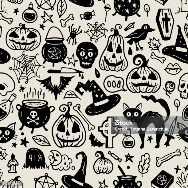 Horror Drawing Patterns Monochrome Seamless Pattern Of Horror Halloween Hand Drawn Doodle ...