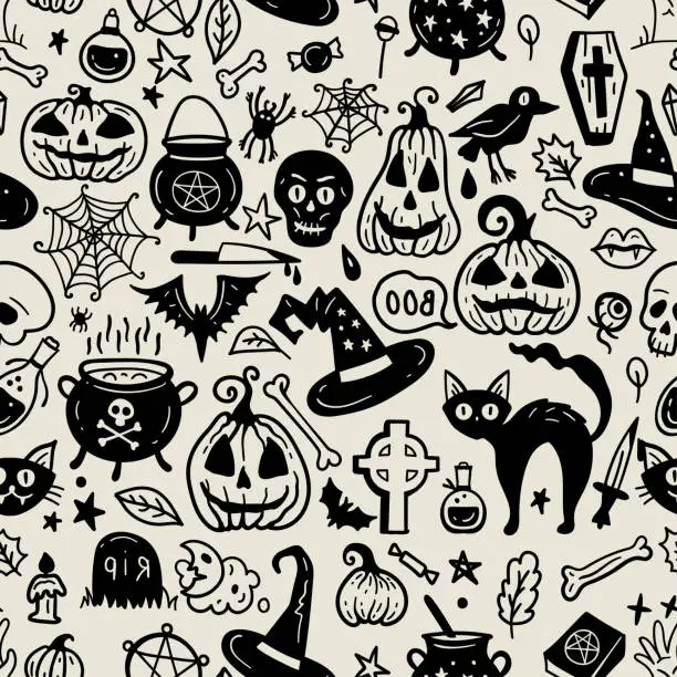 Vector illustration of Monochrome seamless pattern of horror Halloween hand drawn doodle elements.