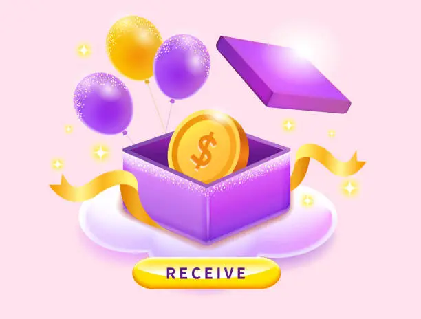 Vector illustration of Gold coins in gift box with ribbon and balloon elements, big discount banner design