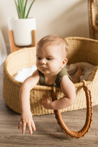 istock A Grumpy Teething 8-Month-Old Pandemic Baby Boy Wearing a Green-Colored Knit Bodysuit While Playing in a Seagrass Moses Basket Surrounded by Tropical Houseplants at Home 1424433429