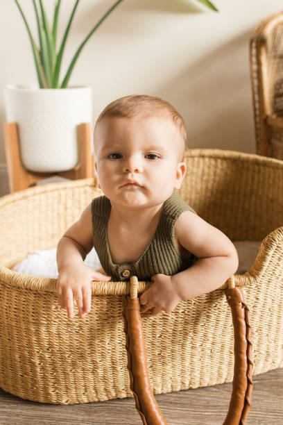 istock A Grumpy Teething 8-Month-Old Pandemic Baby Boy Wearing a Green-Colored Knit Bodysuit While Playing in a Seagrass Moses Basket Surrounded by Tropical Houseplants at Home 1424434120
