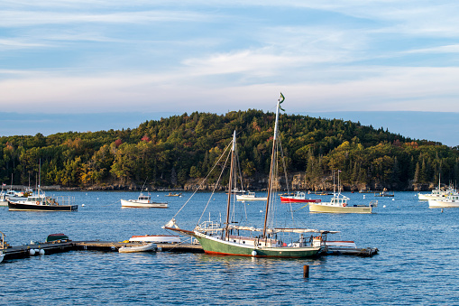 Bar Harbor, USA - October 12, 2021. Frenchman Bay in Autumn, Bar Harbor, Maine, USA