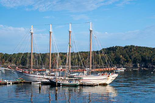 Bar Harbor, USA - October 13, 2021. Yachts at Frenchman Bay in Autumn, Bar Harbor, Maine, USA