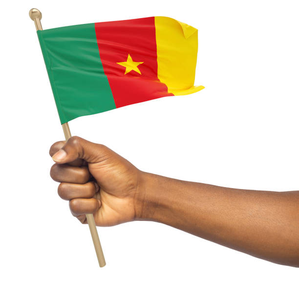 istock Hand holding Cameroonian national flag isolated on white background 1424435901