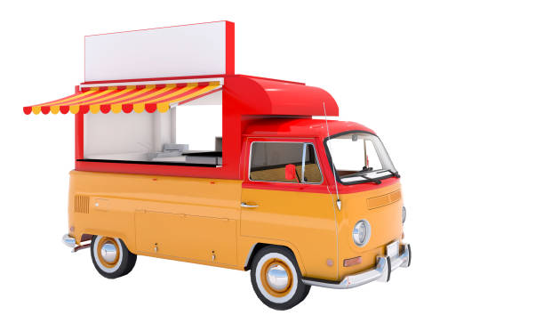 istock Red yellow Food Truck Isolated. 3D rendering 1424436248