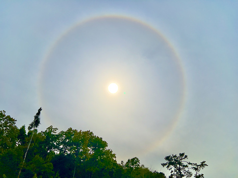 Colored circular 22 degrees sun halo optical phenomenon