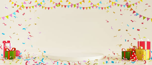 istock Circle Podium and several gift boxes on stage decorated with party decorations, 3D Render 1424447055