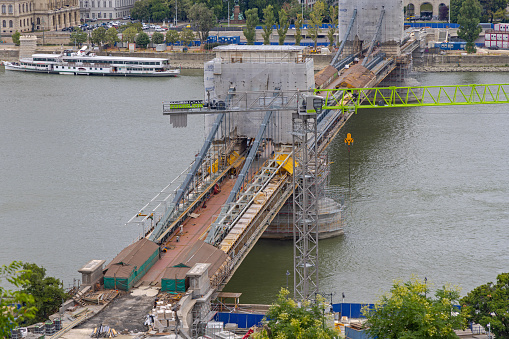 Budapest, Hungary - July 31, 2022: Renovation of Chain Bridge Szechenyi Over Danube River at Capital City Summer.
