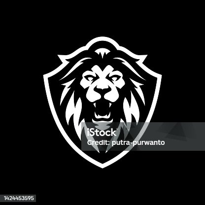 istock Lion shield emblem logo design on dark background 1424453595