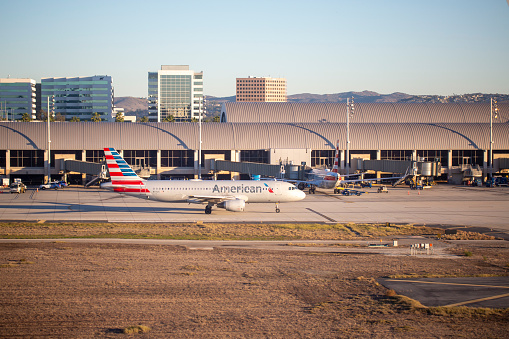American Airlines Airbus A320-214 aircraft with registration N111US taxiing at John Wayne Airport, Santa Ana in January 2022