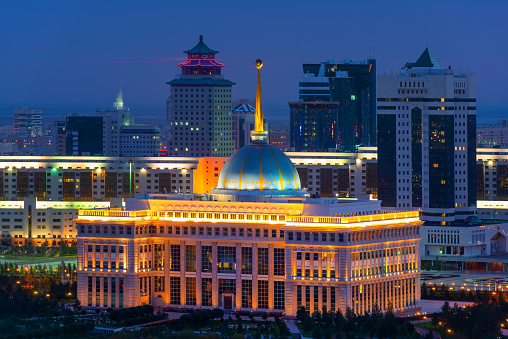 The residence of the President of Kazakhstan Ak Orda in the city of Astana in the evening twilight