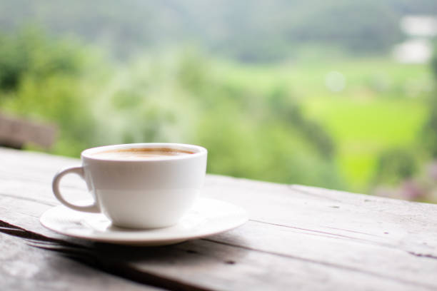 istock Coffee Cup on Table Against Landscape Scenery Mountain Hill Background 1424459218