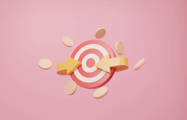 Arrow curving around target with coins, retargeting marketing strategy concept, 3d render illustration.