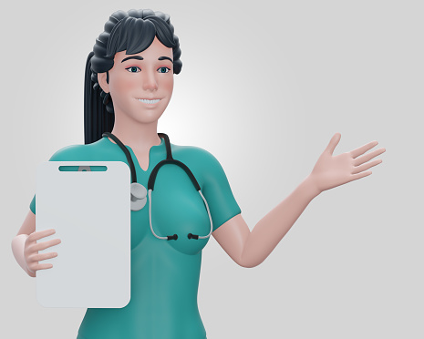 3d Happy doctor woman cartoon character shows clipboard with blank paper.