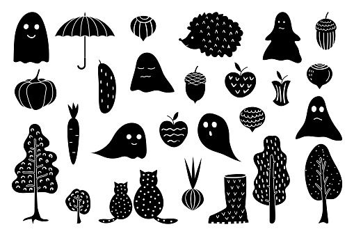 A set of black and white silhouettes of illustrations on the theme of autumn and Halloween. vector illustration