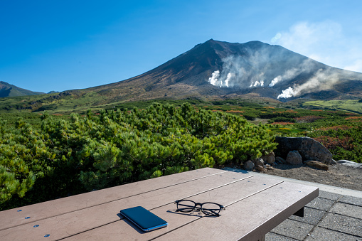 remote working at  beautiful volcano (mt.Asahidake,Hokkaido,Japan)