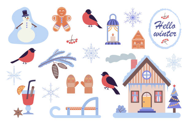 bildbanksillustrationer, clip art samt tecknat material och ikoner med a set of simple illustrations on the theme of winter - domherre