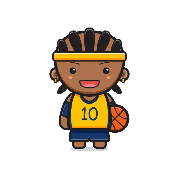 Vector illustration of Cute boy basketball player holding ball cartoon icon vector illustration