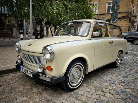 Sofia, Bulgaria - September 12, 2022;  old Trabant station wagon car parked in the center of the city of Sofia, Bulgaria.