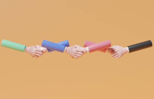 istock Team holding hands, business partnership, successful agreement to join project, teamwork and cooperation concept, 3d render illustration. 1424486278