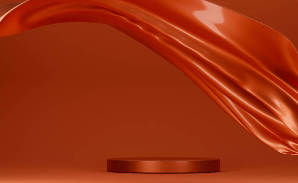 istock Dark orange podium with pink flying fabric, cloth background 1424488006