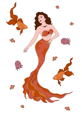Illustration of a mermaid girl with brown hair and an orange tail. Around the sea inhabitants, jellyfish, fish.