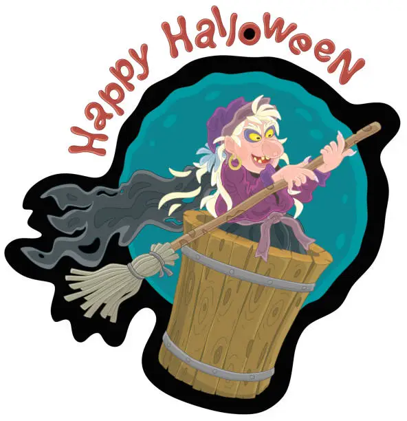 Vector illustration of Witch flying with a magic broom and a mortar