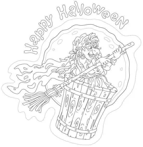 Vector illustration of Witch flying with a magic broom and a mortar