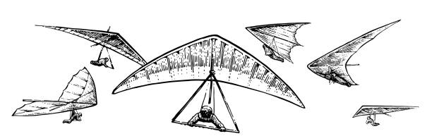 illustrations, cliparts, dessins animés et icônes de ensemble de deltaplanes volants. esquisse de contour dessinée à la main. isolé sur fond blanc. vecteur. - skydiving parachute hang glider silhouette