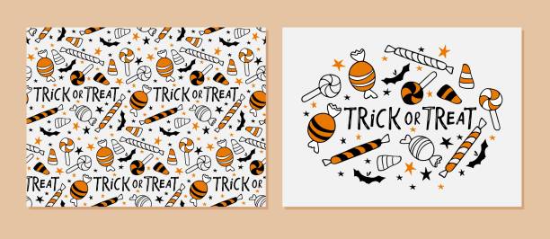 Trick or Treat card and seamless pattern. Halloween sweets black orange linear sketch. Halloween symbols. Autumn Season, Halloween candy design for card, invitation, flyer, posters, banner Trick or Treat card and seamless pattern. Halloween sweets black orange linear sketch. Halloween symbols. Autumn Season, Halloween candy design for card, invitation, flyer, posters, banner. halloween candy stock illustrations