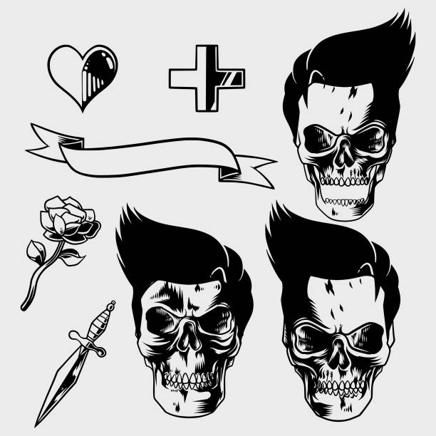 skull set illustration skull pack with armor, ribbon and accessories skeleton key tattoo stock illustrations